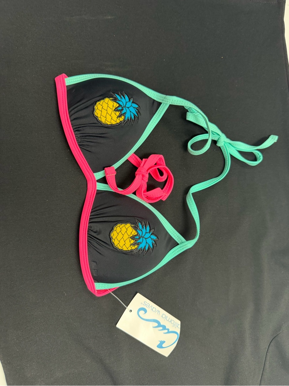 California Waves Black Bikini Top with Aqua Trim & Pink Edging